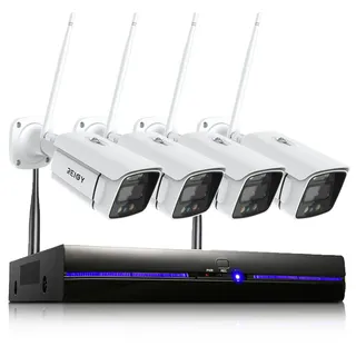 REIGY 3MP WLAN Überwachungskamera Set Aussen mit Flutlicht, 10CH Funk NVR Überwachungssystem +4x1296P Kamera Drahtlos, Zwei-Wege-Audio Bewegungserkennung Farbige Nachtsicht Keine Festplatte