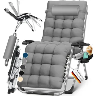 KESSER® Sonnenliege Liegestuhl Klappbar Mit Getränkehalter Gartenstuhl Mit Auflage Polster, Liegestuhl, Extra groß Gartenliege, Verstellbar Rückenlehne Garten Liege mit Kissen-Unterstützung - Grau