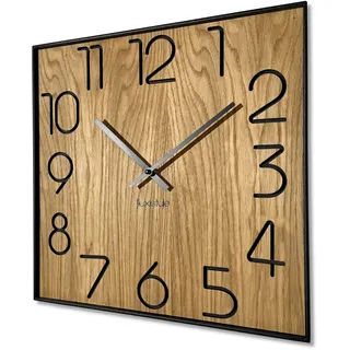 FLEXISTYLE Holzwanduhr Wood Square Holz Eiche 40cm Durchmesser holzoptik ohne tickgeräusche, Oak Schwarz