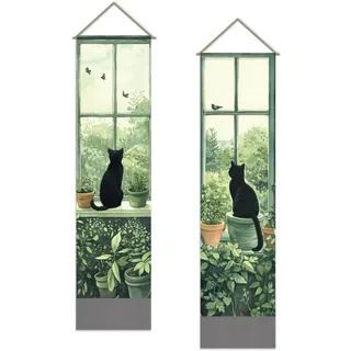 SUPERDANT 2 x Wandteppich Mit Schwarzem Katzenmotiv Wandbehang Modern Grün Zum Aufhängen Langer Vertikaler Quasten Wandteppiche Mit Stangenseilen Für Schlafzimmer Wohnzimmer Veranda Flur Büro Zuhause