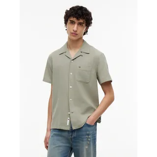 Leinenhemd TOMMY JEANS "TJM REGULAR LINEN BLEND CAMP", Herren, Gr. XXL, N-Gr, utility sage, Web, Obermaterial: 55% Leinen, 45% Baumwolle, bestickt, unifarben, regular fit hüftbedeckend, V-Ausschnitt, Hemden Leinenhemd, mit Reverskragen