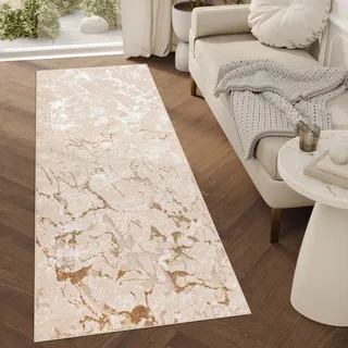 TAPISO Crystal Läufer Teppich Glänzend Beige Gold Creme Marmoreffekt Abstrakt Wohnzimmer Schlafzimmer Flur Korridor Modern Design ÖKO-TEX 120 x 300 cm