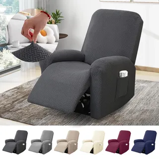BOYIFEIJIE 1-Sitzer Sessel Überzug, Sesselbezuge Stretch mit Taschen, All-Inclusive Streifen-Jacquard Sesselschoner für Fernsehsessel Relaxsessel Sesselhusse (Dunkelgrau, 4-Teilig)
