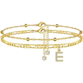 TINGN Fussketten für frauen, Gold Fußkettchen für Damen Fußkettchen mit CZ Buchstaben E Doppelte Fußkette Verstellbar Geschenk für Sommer Tochter Freund Schwester Geschenk