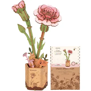 rowood 3D Puzzle Rosa Nelke, DIY-Blume Aus Holz, Modellbausätze Für Künstliche Blumen Zum Zusammenbauen Für Erwachsene, Beste Heimdekoration Und Valentinstags-Spielzeug-Geschenkset