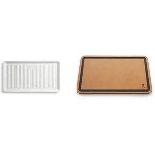 Weber 17884 Porzellan-Servierplatte, 40x22 cm, weiß, langlebig, hält die Temperatur lange & 7005 Schneidebrett, 45 x 28 cm, passend für das SmokeFire Seitentisch-Zubehör