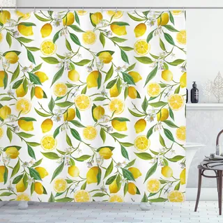 ABAKUHAUS Küche Duschvorhang, Exotischer köstlicher Garten, mit 12 Ringe Set Stielvoll Modern, 175x200 cm, Grün Weiß Gelb