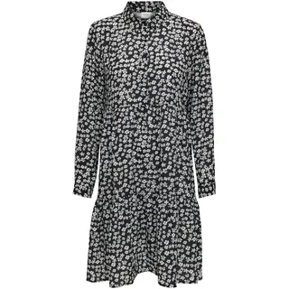 JdY Damen Kurzes Langarm Kleid Gemusterte Tunika Falten Bluse Rüschen Hemd Oberteil V-Neck JDYPIPER, Farben:Schwarz-3, Größe:36