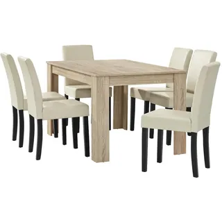 [en.casa] Esstisch Eiche hell mit 6 Stühlen creme Kunstleder gepolstert 140x90 Essgruppe Esszimmer, - Braun, Creme, Schwarz