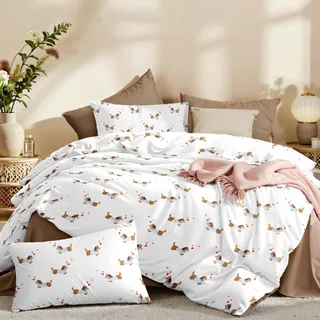 Freyamy Dackel Bettwäsche 135x200cm 2teilig Weiß Khaki Rot Liebe Dackelmuster Mädchen Wendebettwäsche Set Microfaser Herz Kinder Bettbezug mit Reißverschluss und 1 Kissenbezug 80x80cm