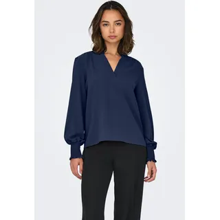 Blusenshirt ONLY "ONLMETTE V-NECK LS SMOCK TOP NOOS WVN", Damen, Gr. M, naval academy, Web, Obermaterial: 100% Polyester, unifarben, regular fit normal, V-Ausschnitt, gesmokt, Shirts Blusenshirt