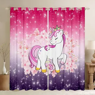 Einhorn Vorhänge Glitzer Verdunkelungsvorhänge Kirschblüten Vorhänge Gardinen Kinder Karikatur Kawaii Tier Vorhang Ombre Galaxie Sterne Fantasie Mädchen ästhetisch Rosa Lila 55" x 69",2 Paneele