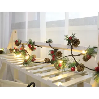 Queta Weihnachtsgirland mit LED Lampen Tannengirlande Weihnachtsdeko mit Kiefernnadel, Tannenzapfen, Beeren (3M 30LEDS)
