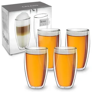 Creano doppelwandiges Thermoglas 400ml „DG-SH“, großes Doppelwandglas aus Borosilikatglas, doppelwandige Latte Macchiato Gläser, Kaffee, Tee, 4er Set