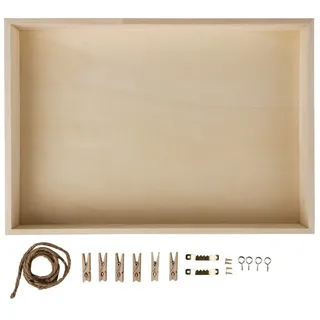 Rayher Hobby Rayher 62817000 Holz-Rahmen mit Holz-Rückwand, 36x25 cm, Tiefe 5 cm, mit Kordel, Aufhänger, Schrauben, Klammern für Dekorationen, ohne Glas, Beige, Groß