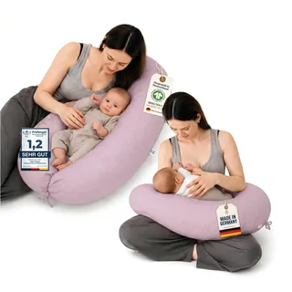 Minky Mooh® - Stillkissen XXL Bio Baumwolle (Öko-Tex 100) mit Kapok Füllung (190x30cm) flieder - Großes Baby-Kissen zum Schlafen, Stillen & Flasche geben, Schwangerschaftskissen & Seitenschläferkissen