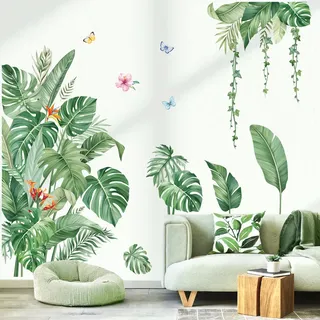 decalmile Wandsticker Tropische Pflanzen Palme Blätter Wandtattoo Hängende Grüne Blätter Wandaufkleber Wohnzimmer Schlafzimmer Sofa Hintergrund Wanddeko