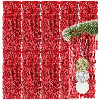 com-four® 10x Lametta - rote Lametta Girlande für Weihnachten - Christbaumschmuck für den Tannenbaum - Lametta-Vorhang mit welligen Fäden (rot - 10 Stück)
