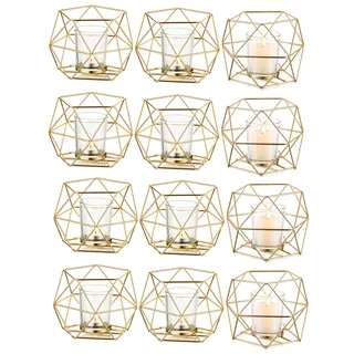 Hewory Teelichthalter Gold Geometrische Metall: 12er Set Teelichthalter Glas Windlicht Goldene Tischdeko, Kerzenständer Gold für Deko Wohnzimmer Modern Hochzeit Weihnachten