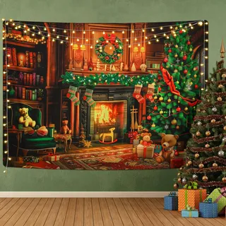 Alishomtll Wandteppich Weihnachten Wandtuch Wandbehang Aesthetic Weihnachtsdeko Grün Weihnachtsbaum Kamin Tapisserie Zuhause Wanddeko Weihnachtswandtuch für Schlaf- und Wohnzimmer Wohnheim 150x130cm