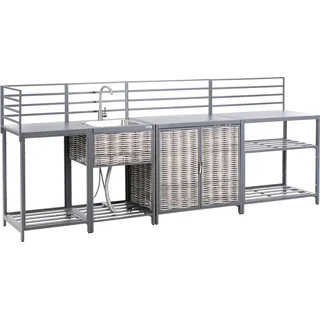 BELIANI Outdoor-Küche Grau Aluminium u. Polyrattan 4er Set mit Edelstahl-Spüle Handtuchstangen Modern Garten Draußen Outdoor-Küchenmöbel Gartenküche - Grau, Beige