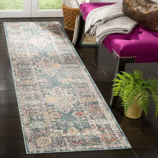 SAFAVIEH Traditionell Teppich für Wohnzimmer, Esszimmer, Schlafzimmer - Illusion Collection, Kurzer Flor, Blaugrün und Creme, 69 X 244 cm