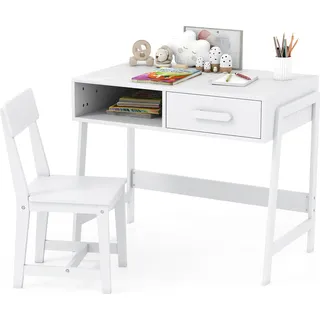 COSTWAY Schreibtisch Kinder mit Stuhl, Kinderschreibtisch Set aus Holz, Jugendschreibtisch mit Schublade & Ablage für Kinder ab 3+, Weiß - Weiß