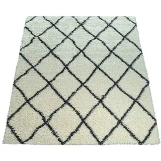 Paco Home Teppich Wohnzimmer Creme Weiß, Weich Shaggy Flokati Rauten Muster Scandi Design, und flauschig