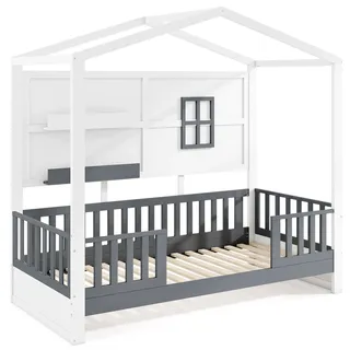 COSTWAY Hausbett 90x200cm, Kinderbett mit Rausfallschutz, 2 Regalen, Holzbett in Hausform mit Fenster & Lattenrost, Bodenbett, Weiß, Grau - Weiß, Grau