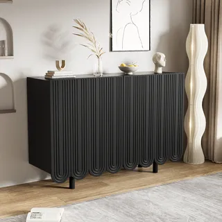 Flieks Kommode Schrank mit 4 Türen, tropfenförmiges Sideboard Wohnzimmerschrank, Standschrank Beistellschrank, Kommodeschrank für Flur, Schwarz - Schwarz