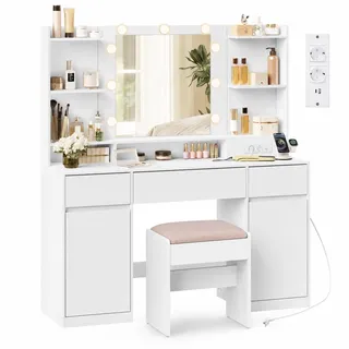 VASAGLE Kailyn Kollektion - Schminktisch mit Spiegel und LED-Leuchten, Hocker, Steckdosenleiste, 2 Schränke, 9 dimmbare Glühbirnen, 3 Lichtfarben, werkzeuglose Gleitschienen, wolkenweiß