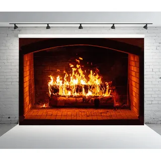 BELECO 2.1x1.5m Stoff Brennender Kamin Hintergrund Brennholz Protokolle loderndes Feuer flammende Hölzer Winter Weihnachten Kamin Fotografie Hintergrund Camping Grillen Party Dekor Banner