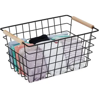 Relaxdays Drahtkorb, Holzgriffe, rechteckig, Gitter Design, Kleidung, Accessoires, Metallkorb, HBT: 16x31x21 cm, schwarz