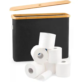Wintem - Toilettenpapierhalter aus schwarzem Stoff mit Deckel aus natürlichem Bambus, Elegantes und kompaktes Design für Badezimmerzubehör, leicht zu bewegen und zu reinigen, Kapazität von bis zu 12