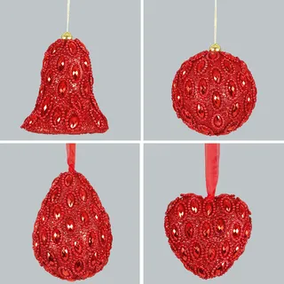 Set 4 90Mm Glitzer & Edelstein Weihnachtsbaum Dekorationen - Rot