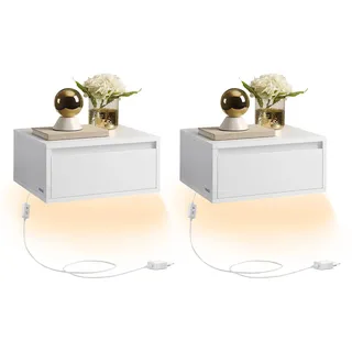 VASAGLE Nachttisch hängend 2er Set, Leuchte mit 3 Farben, schwebendes Wandregal, Schublade, 35 x 40 x 18 cm, modern, Wohnzimmer Schlafzimmer, wolkenweiß LET854W01