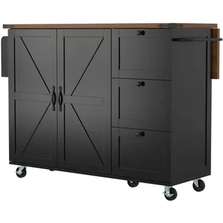 Stilvora Kücheninsel in Schwarz Servierwagen mit zwei Türen und drei Schubladen für Küche und Esszimmer, B140/T45/H92.5 cm , Metall, Holzwerkstoff , Rechteckig , 140x92.5x73 cm , Küchen, Küchenmöbel, Kücheninseln