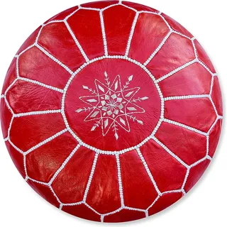 Marokkanischer Echtleder Pouf – Rot und Weiß- Handgefertigt - gefüllt geliefert - Ottoman Sitzsack Fußhocker - Rot, Weiß