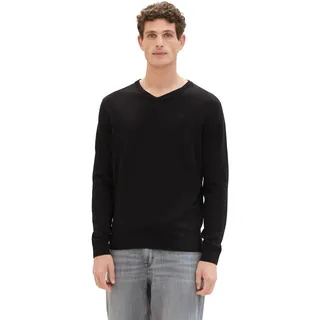 Tom Tailor Herren Basic Pullover mit V-Ausschnitt aus Baumwolle, 29999 - Black, M