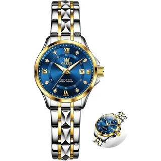 Damen Uhr Edelstahl, Eleagnt Diamant Damenuhr mit Datum, Wasserdicht Armbanduhr Damen Kleines Zifferblatt, Mode Quarzuhr Geschenke für Frauen