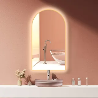 HOKO® LED Badspiegel Bogen Beschlagfrei 50x90 cm / 90x50 cm San Diego mit Goldener Metallrahmen, HOCH+QUER Montage. Arch+Touch Schalter+Licht Wechsel - Gold