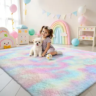 smiry Hochflor Teppich Wohnzimmer, Waschbar Anti-Rutsch Moderner Flauschiger Kuscheliger Teppich für Wohnzimmer Deko, Schlafzimmer, Kinderzimmer, 140 x 200 cm, Regenbogen