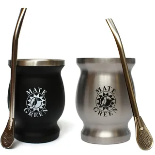 Gaucho Cebar Yerba Mate-Tee Set fur Zwei Edestahl Termomate Becher Schwarz und Silver | Bombilla Stohhalm fur mate-tee | Mate-Tee Tasse Set Leicht zu Reinigen und Sehr Widerstandsfähig