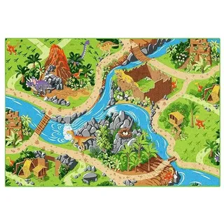rebel roads Dino Welt Kinderteppich 95 x 133 cm Grün/Multicolor