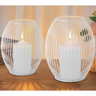 GoMaihe Kerzenständer 2er Set, Deko Wohnzimmer Schlafzimmer Badezimmer Windlicht Kerzenhalter für Stumpenkerzen Tischdeko Weihnachten Hochzeit Geschenk, Metall Öffnen und Schließen, Weiss