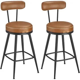 Drehbarer Barhocker 2er Set, 65 cm Sitzhöhe, Barstühle mit Rückenlehne, Küchenhocker, Kunstleder Wasserdicht, Stahlbeine mit Fußstütze, Mid-Century, Karamellbraun - Braun