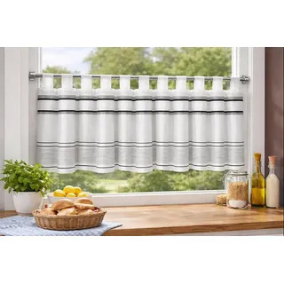 KAMACA Bistrogardine mit Schlaufen Panneau Scheibengardine Küchengardine Kurzstore transparent Küche Schlaufenpanneau Voile ganzjährig (HxB 45x140 cm Buzz schwarz Weiss)