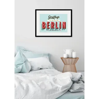 Queence »Greetings from Berlin« Berlin Deutschland Schriftzug Stadt Städte 1 Stk. tlg. HD Premium Poster-Druck inkl. Holzrahmen,