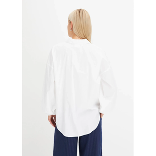 Langarmbluse BONPRIX "Oversize-Bluse aus reiner Baumwolle", Damen, Gr. 46, weiß, Obermaterial: 100% Baumwolle, oversize, Blusen Langarmbluse, Oversize-Passform, mit V-Ausschnitt, aus Baumwolle