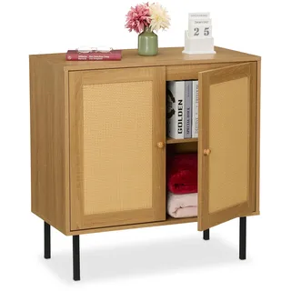 Relaxdays Kommode, 2 Türen, 2 Fächer, Rattan- & Holzoptik, 80 x 80 x 40 cm, Wohnzimmer, Küche, Sideboard, natur/schwarz